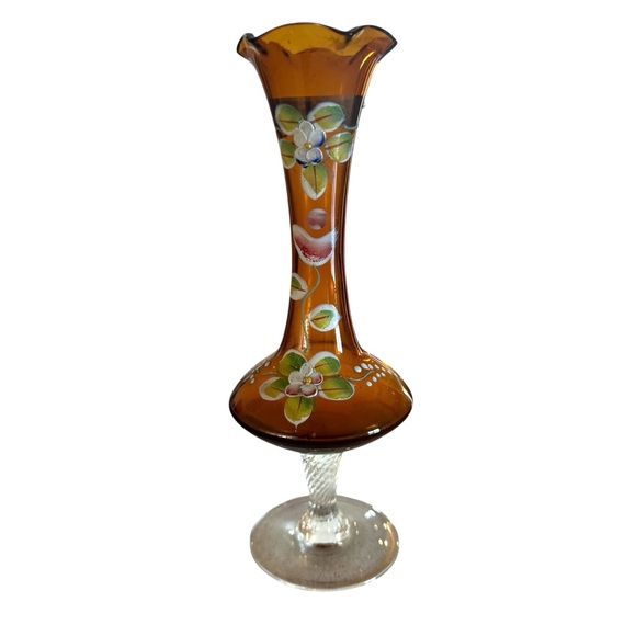 Bohemian Amber Czech Glass Bud Vase 8" Enamel Floral Decoration Hand Painted - Picture 1 of 7